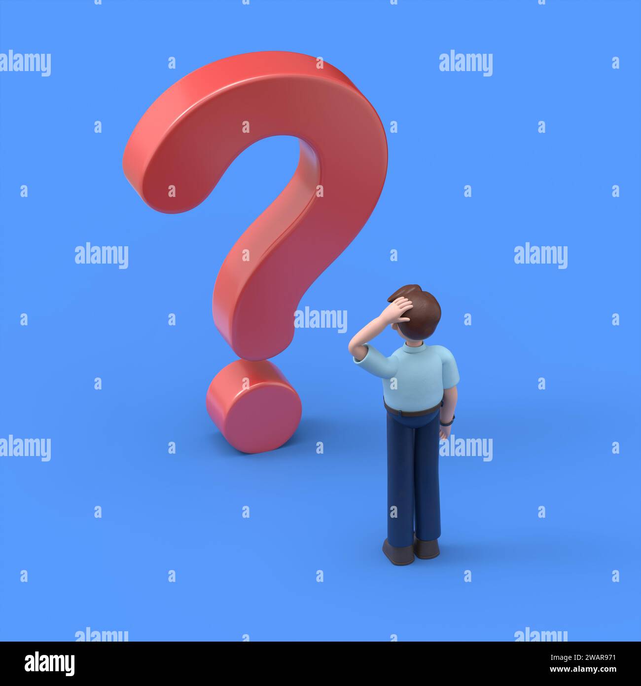 Problem and solution concept.3D illustration of Asian man Felix.3D rendering on blue background. Stock Photo