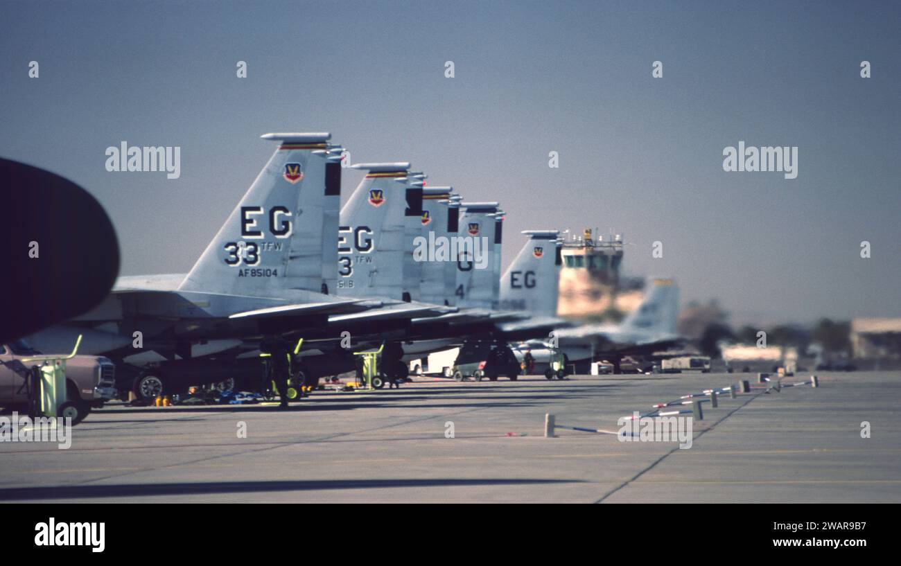 23rd Jan 1991 During the air-war, USAF F-15C Eagles are lined up at the King Faisal Airbase in Tabuk, north-west Saudi Arabia. Stock Photo