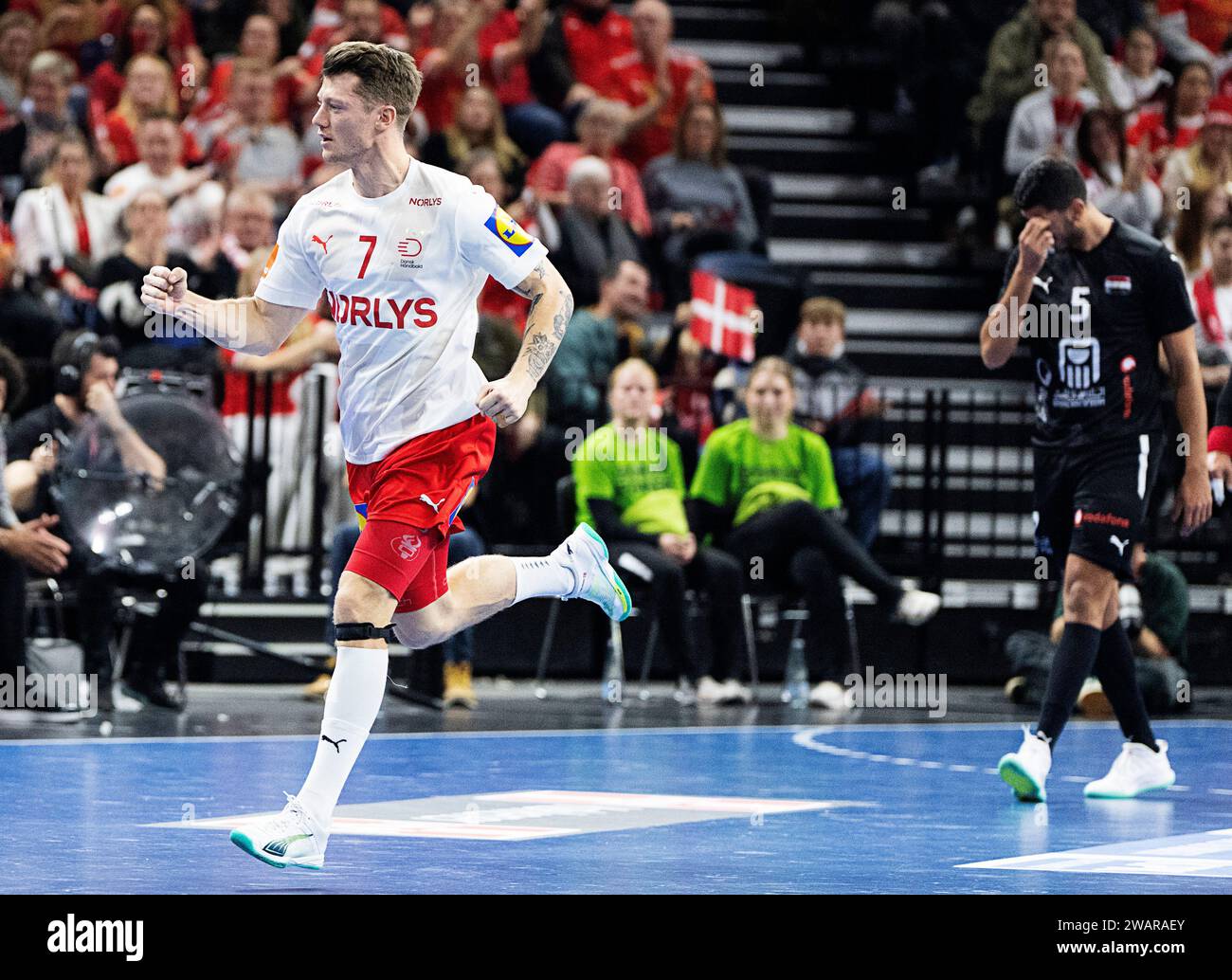 Denmark's Emil Jakobsen. The men's handball match in the training