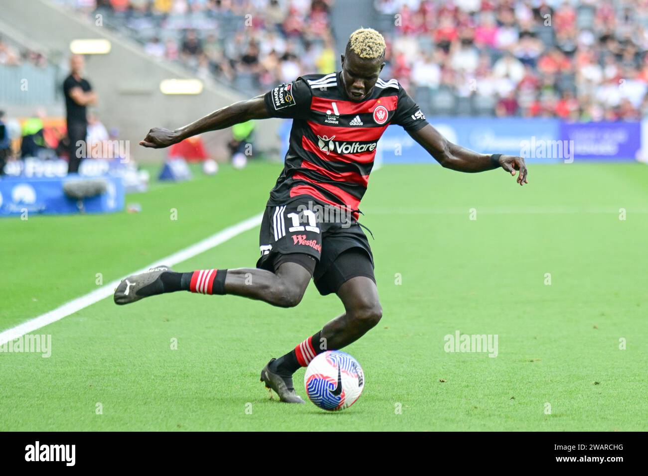 Parramatta, Australia. 06th Jan, 2024. Valentino Kuach Yuel of the Western Sydney Wanderers FC seen in action during the 2023-24 A-League Men's season round 11 match between Western Sydney Wanderers FC and Central Coast Mariners at CommBank Stadium. Final score; Central Coast Mariners 1: 0 Western Sydney Wanderers. (Photo by Luis Veniegra/SOPA Images/Sipa USA) Credit: Sipa USA/Alamy Live News Stock Photo