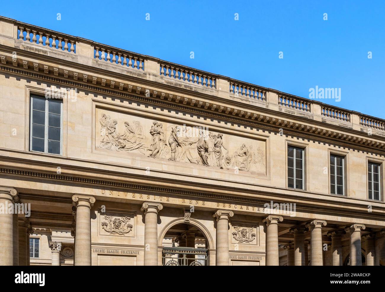 Bas-relief on historical façade of École de Chirurgie, now the headquarters of Paris Descartes University, French public university in Paris, France Stock Photo