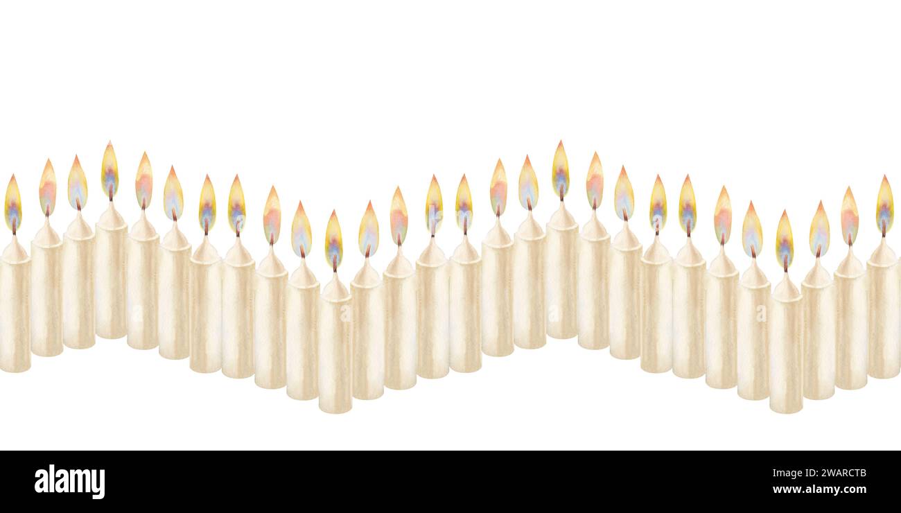 Watercolor horizontal seamless border with white candles with flame as a teemplate for ...