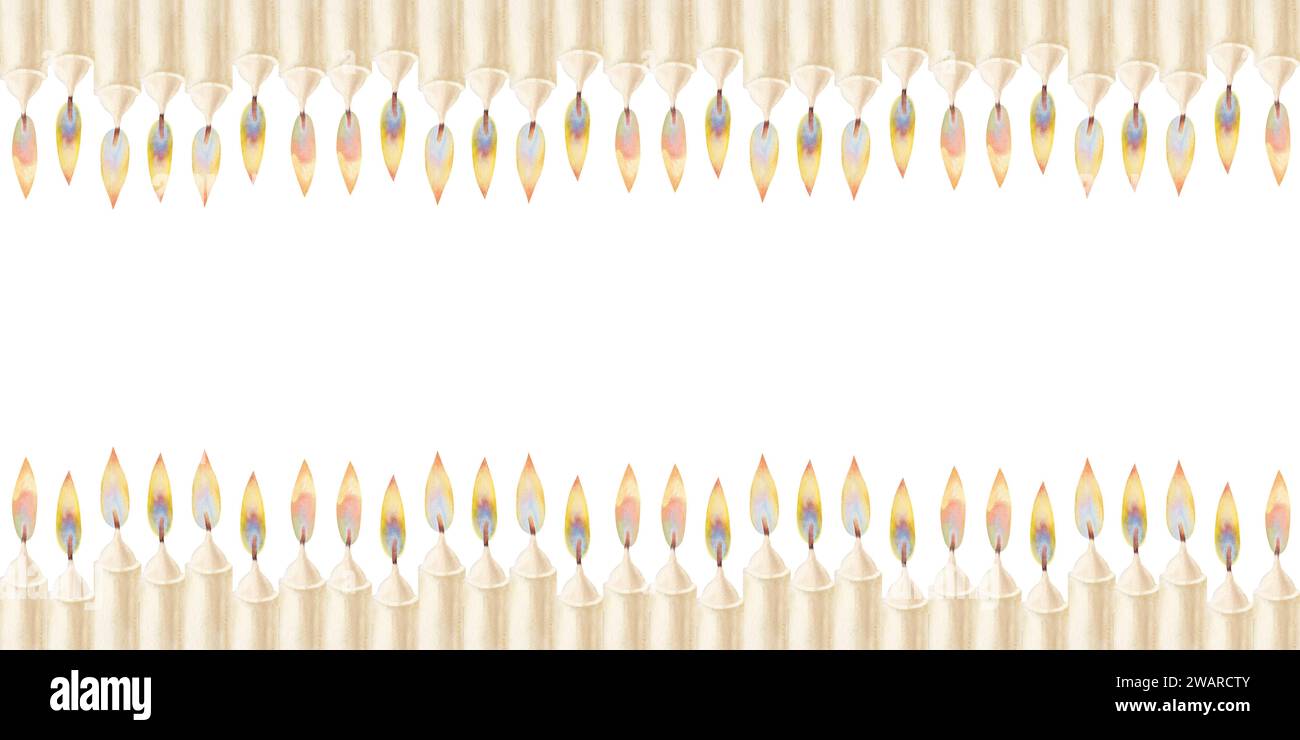 Watercolor horizontal seamless border with white candles with flame as
