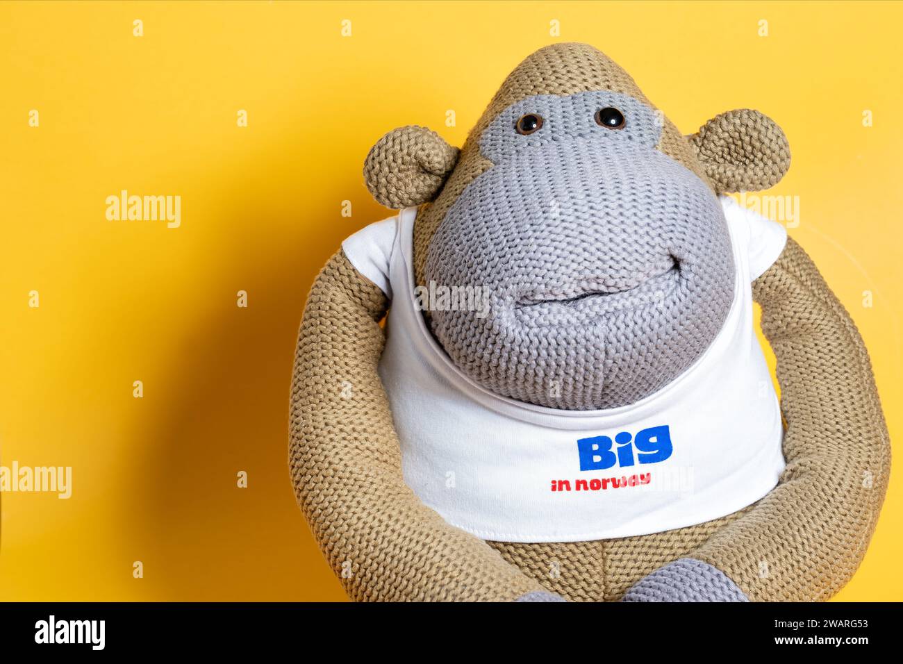 A large woven wool  monkey or munkeh charachter cuddly toy. Manufactured for ITV Digital and later sold by the Gadget Shop in the UK Stock Photo