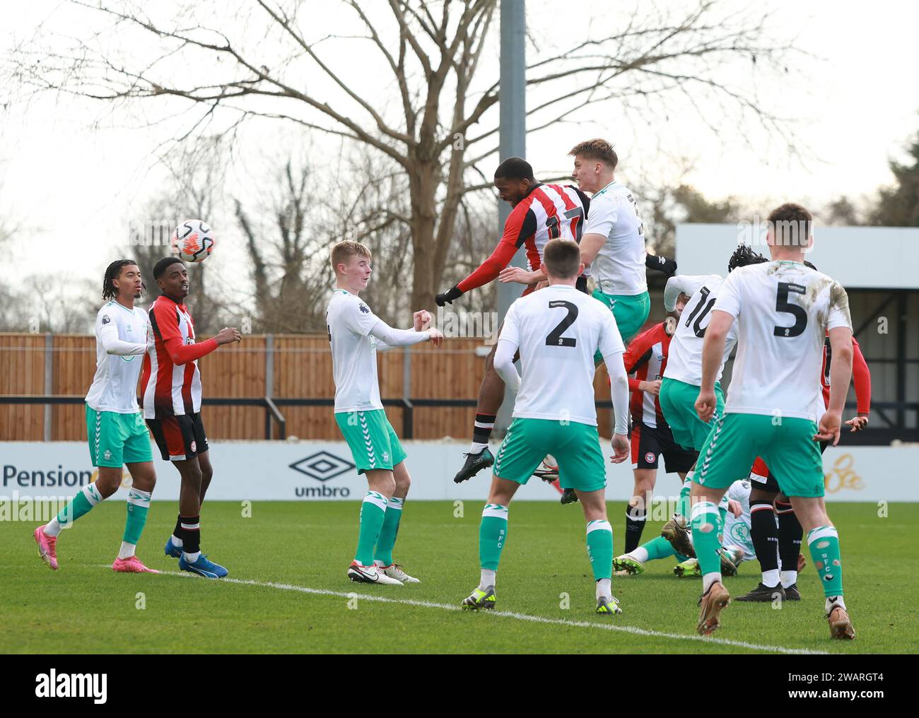 StainesuponThames, United Kingdom, 6 January, 2024. Brentford B’s Ivan Toney (centre right