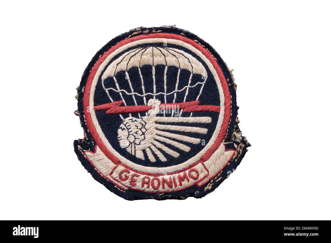 US WWII 501st Parachute Infantry Regiment Shoulder Patch - Geronimo on White Background Stock Photo