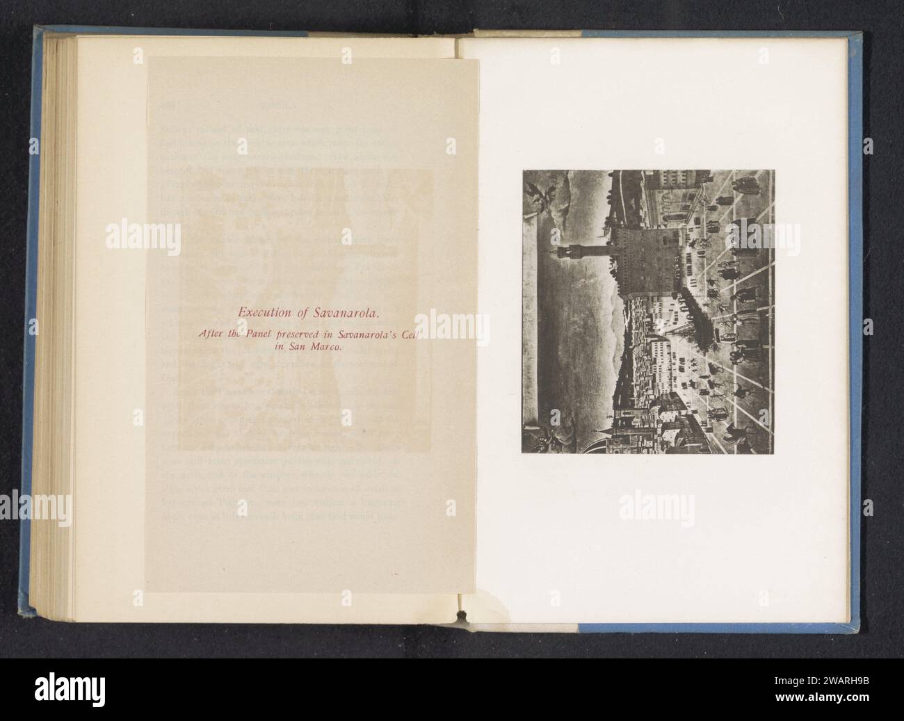 Photo production of a painting, representing a face on the Piazza della Signoria in Florence with the execution of Girolamo Savonarola, Anonymous, After Bartolommeo (Fra), c. 1880 - in or before 1890 photomechanical print  FlorenceBoston paper  square, place, circus, etc.. death penalty, execution Piazza della Signoria Stock Photo