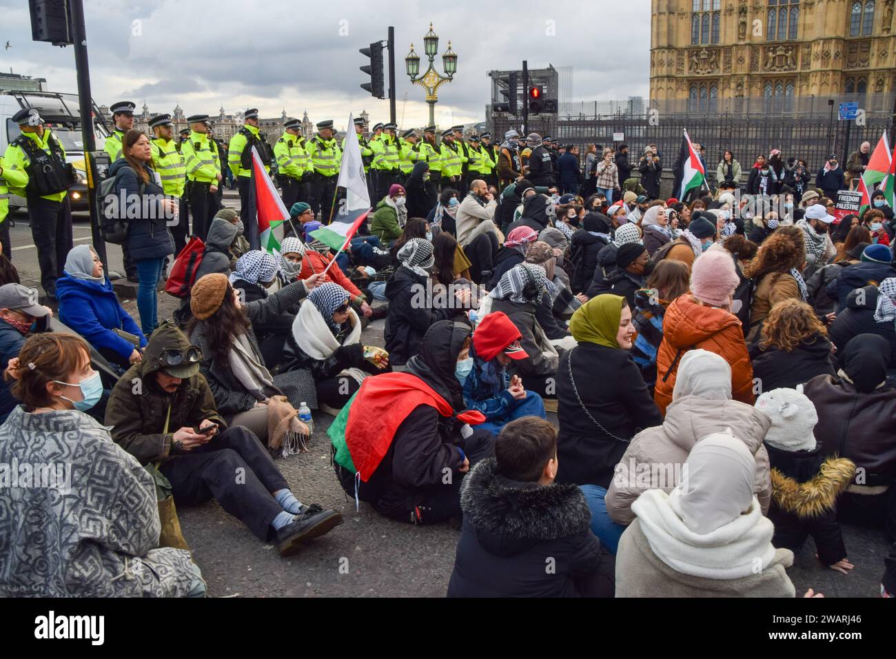 London, UK. 6th January 2024. Pro-Palestine protesters block