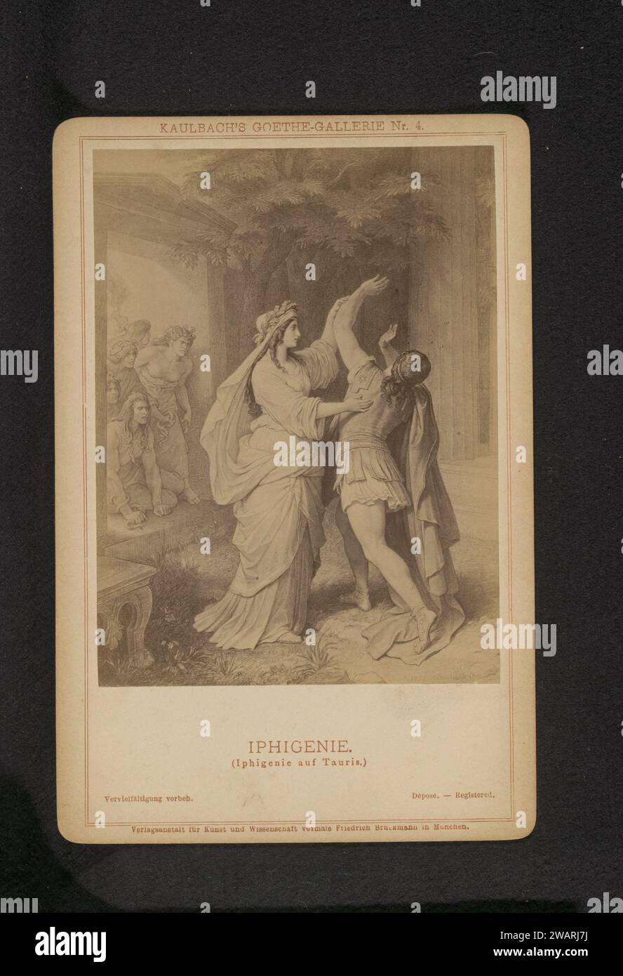 Photo production of a scene with iphigenia from Goethe's iPhigeneia in Tauris, Anonymous, After Wilhelm von Kaulbach, c. 1880 - c. 1885 photograph Part of a cover with 21 plates.  photographic support albumen print painting, drawing and the graphic arts. literary characters and objects Stock Photo
