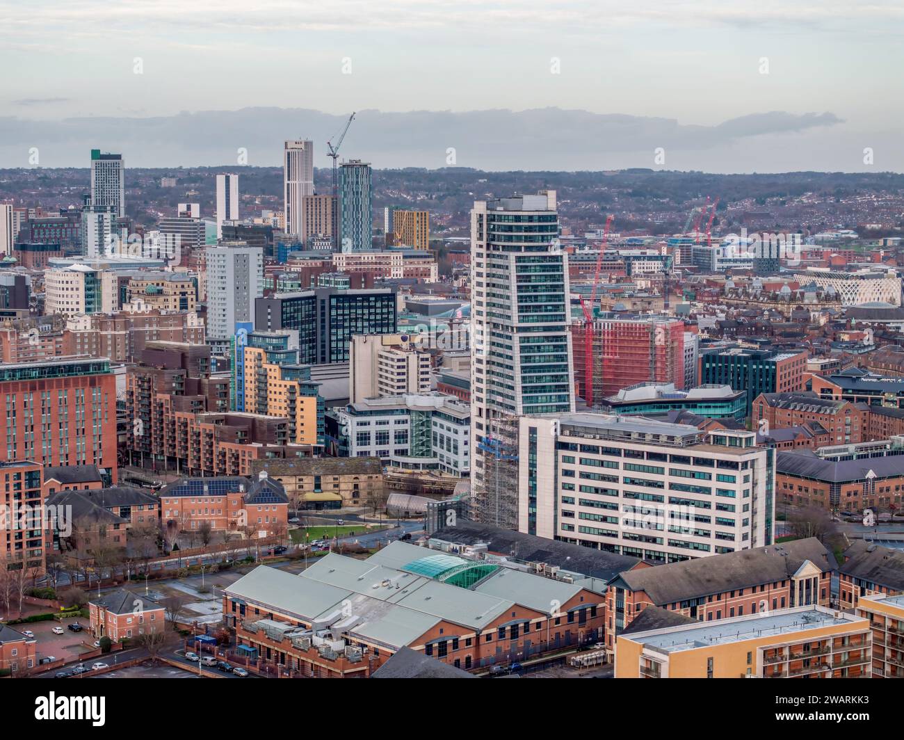 Leeds city centre,  West Yorkshire aerial panoramic view of the city centre looking north towards retail and offices. Leeds, Yorkshire university city Stock Photo