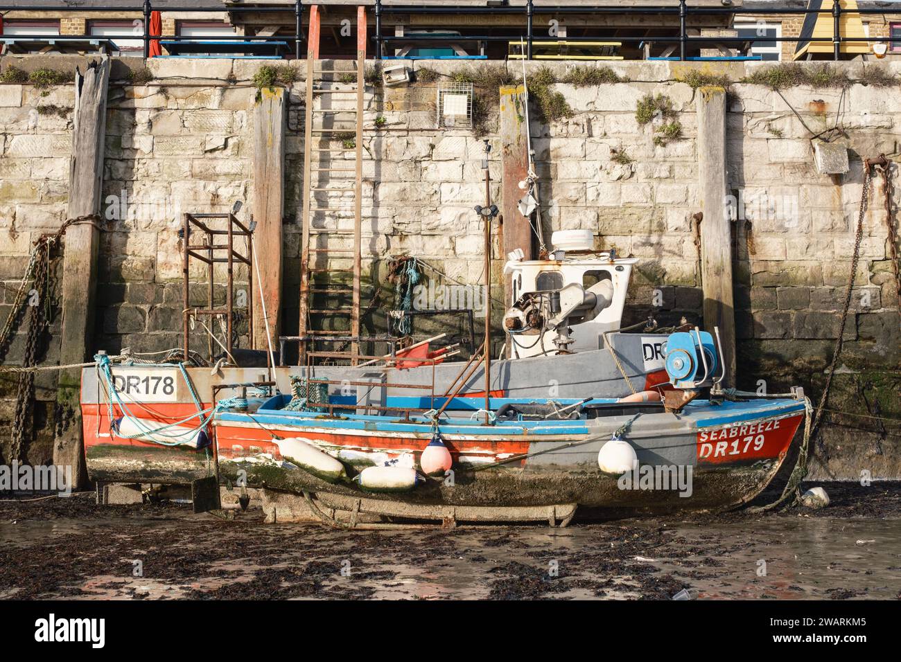 Fishing Boats at the Harbour Arm, Margate, Kent, UK Stock Photo