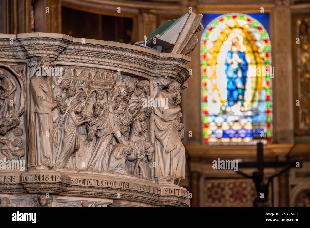 PISA, ITALY - SEPTEMBER 17, 2023 - Detail of famous pulpit in the ...