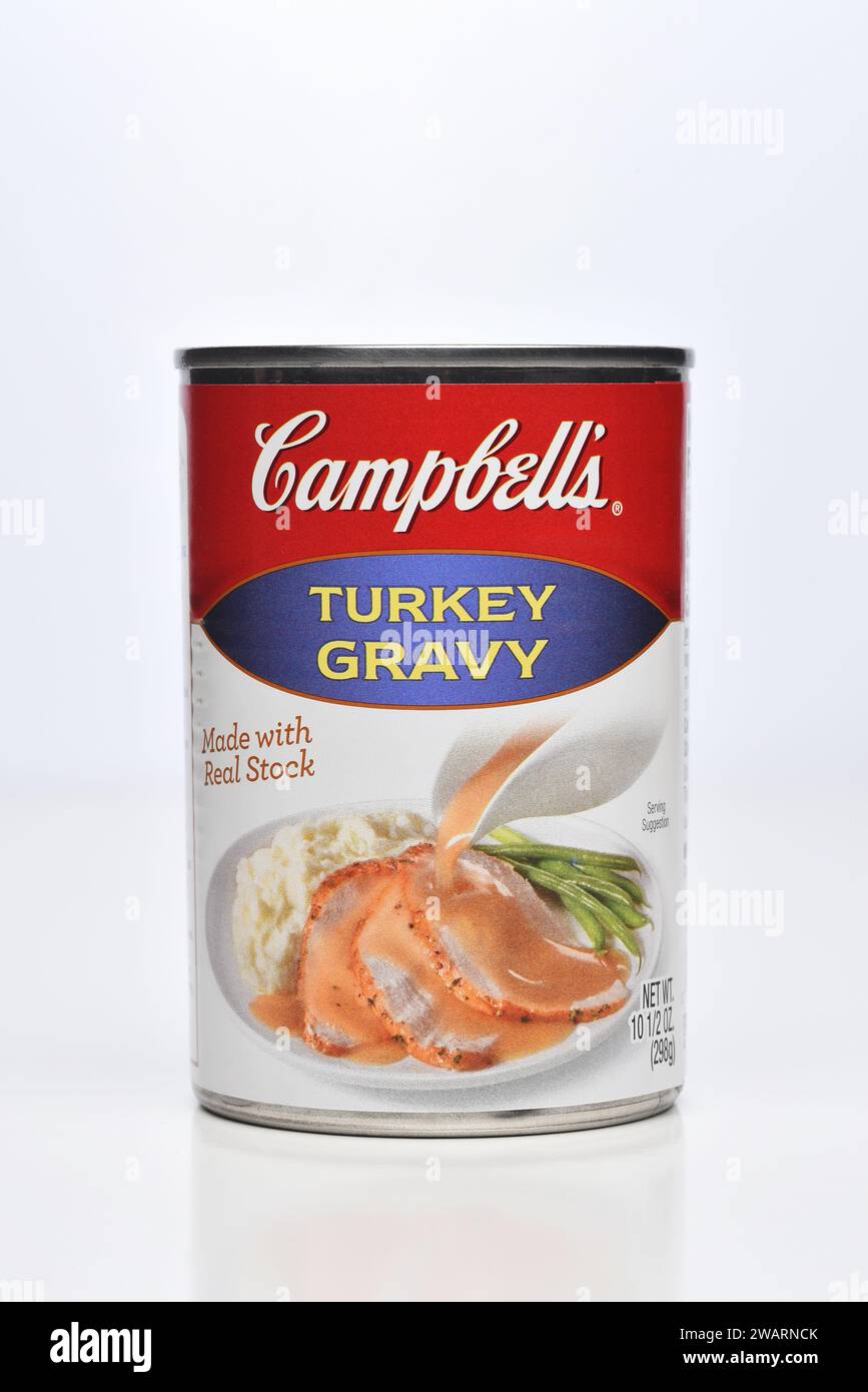 IRVINE, CALIFORNIA - 3 JAN 2024: A can of Campbells Turkey Gravy. Stock Photo