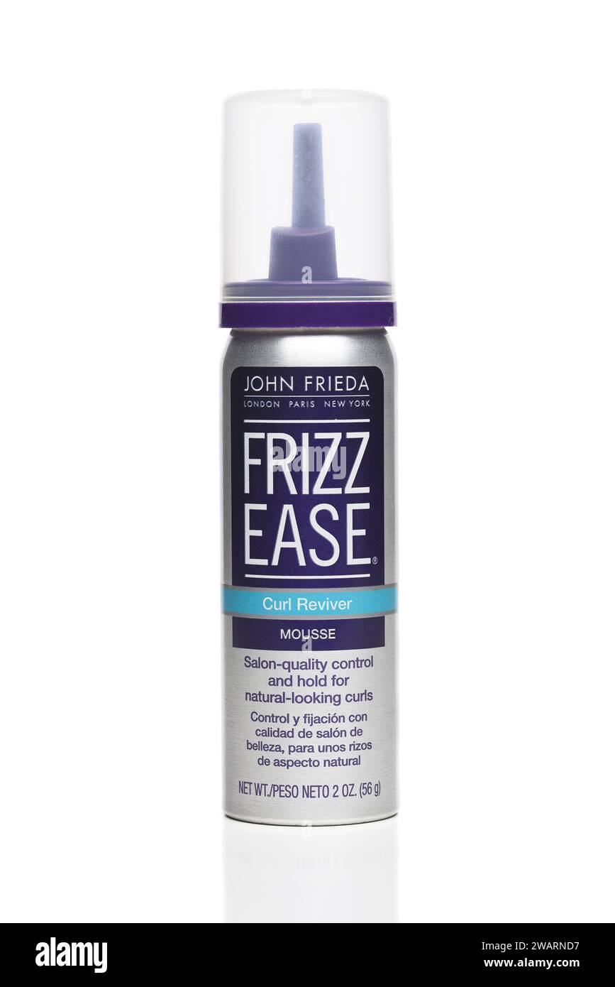 IRVINE, CALIFORNIA - 3 JAN 2024: A can of Frizz Ease Curl Remover Mousse by John Frieda. Stock Photo
