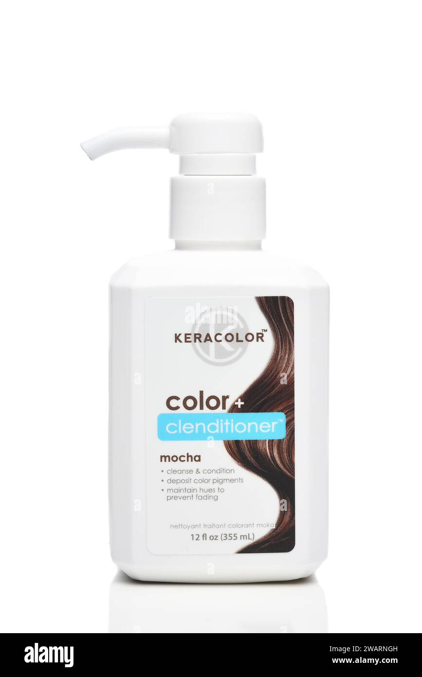 IRVINE, CALIFORNIA - 3 JAN 2024: A bottle of Keracolor Color plus Clenditioner Mocha, to clean, condition and color hair. Stock Photo