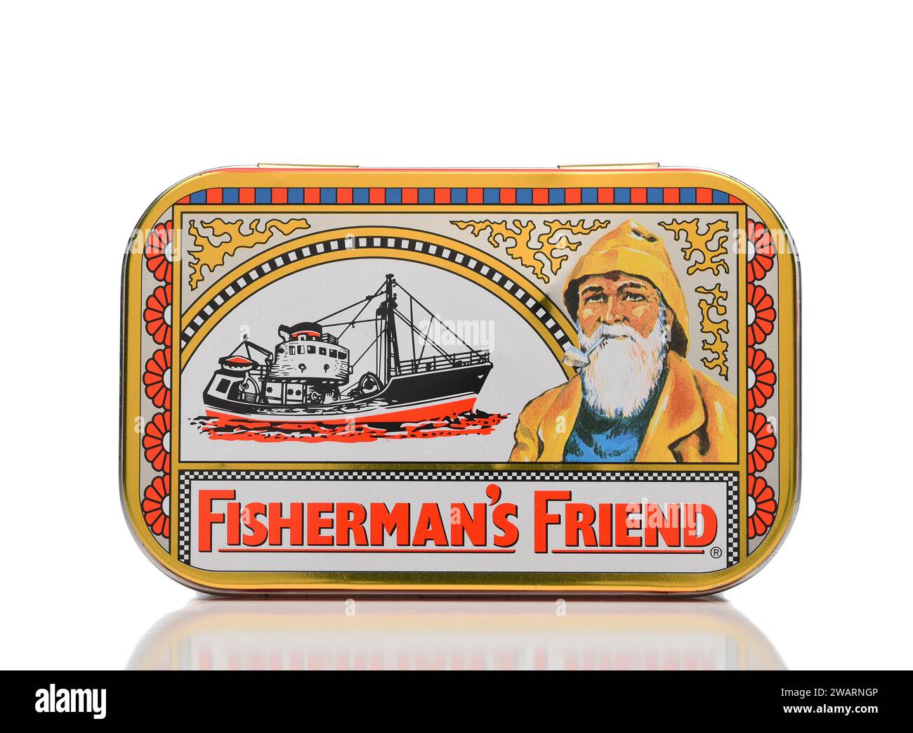 IRVINE, CALIFORNIA - 3 JAN 2024: A tin of Fishermans Friend Original Extra Strong Lozenges Stock Photo