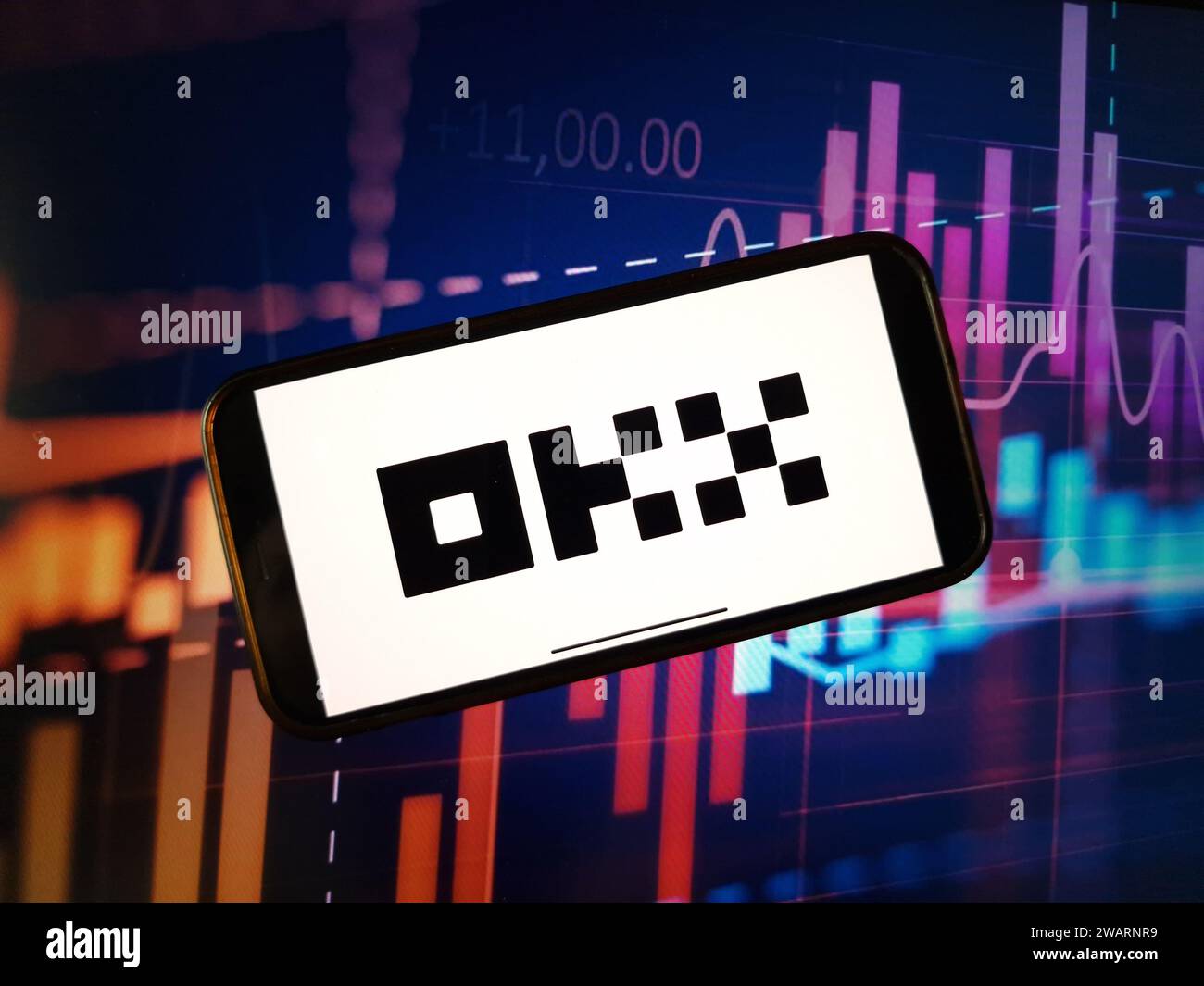 Konskie, Poland - January 05, 2024: OKX cryptocurrency exchange logo displayed on smartphone on crypto market data background Stock Photo
