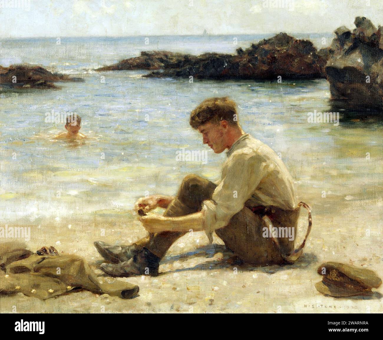 Henry Scott Tuke. Painting entitled 'T. E. Lawrence as a cadet at Newporth Beach, near Falmouth' by the English artist, Henry Scott Tuke (1858-1929), oil on canvas, c. 1921/22 Stock Photo