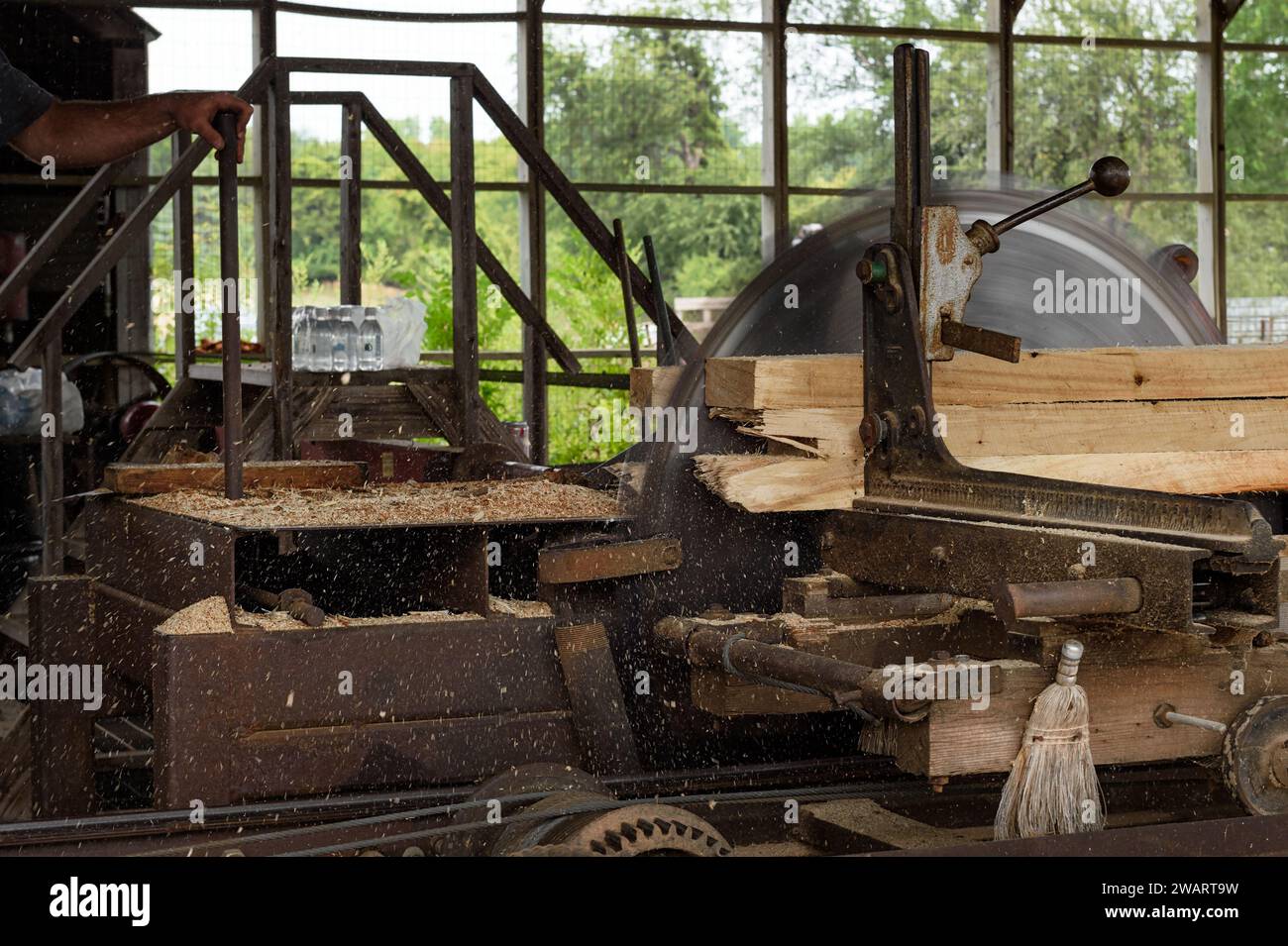 Steam Powered Sawmill Saws Through Wood Making Sawdust Fly vintage