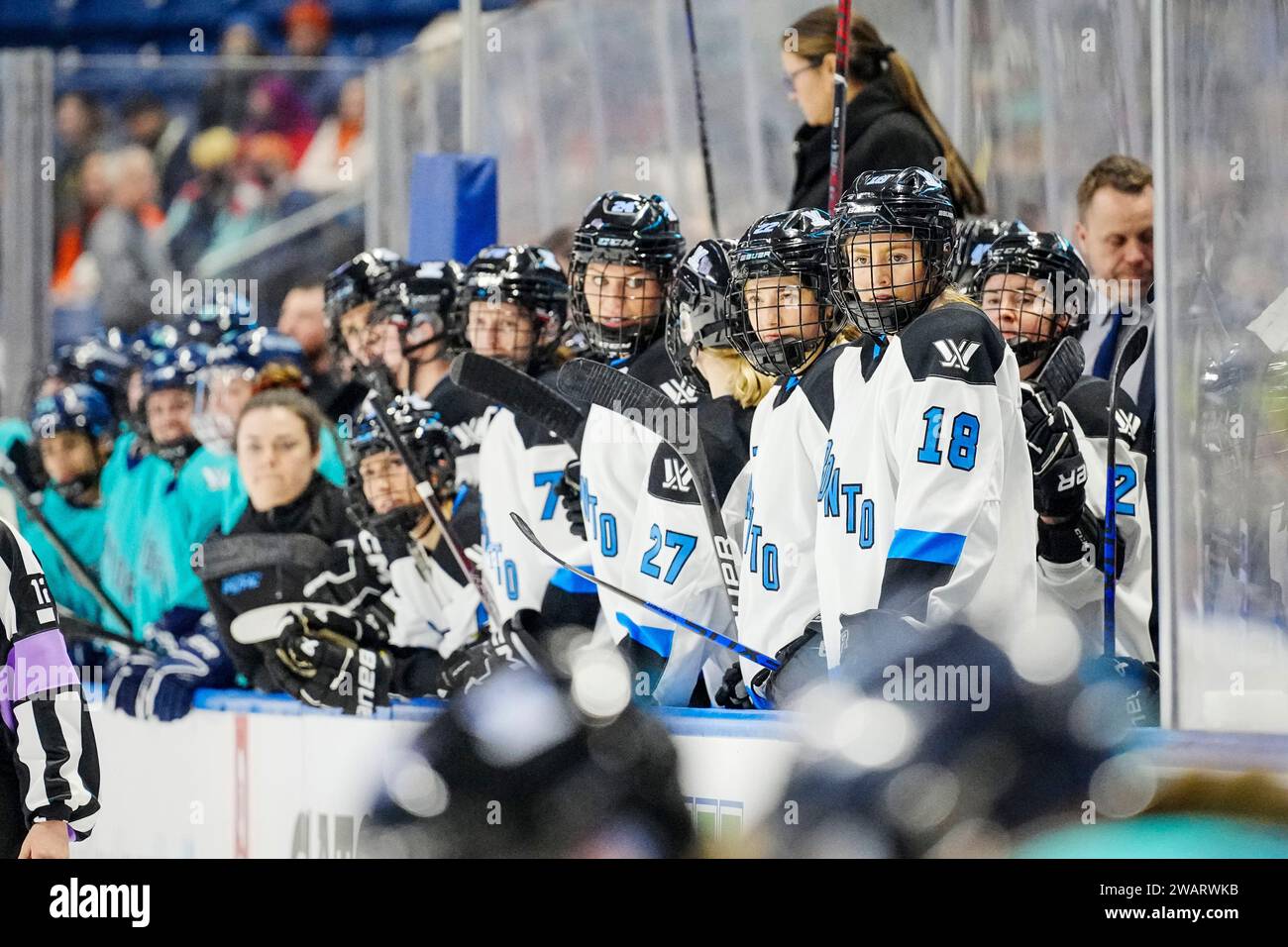 Bridgeport, CT, USA. 5th Jan, 2024. Toronto forward Jesse Compher (18) looks on during a PWHL hockey game between Toronto and New York at Total Mortgage Arena in Bridgeport, CT. Rusty Jones/Cal Sport Media/Alamy Live News Stock Photo