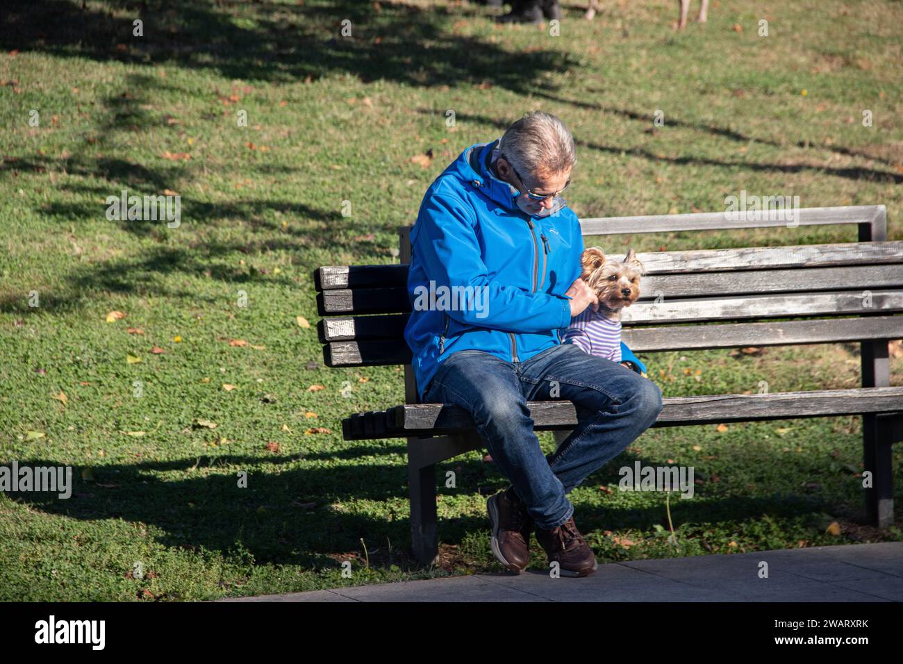 Middle aged man sitting and resting at the wooden bench in public city park in Belgrade Stock Photo