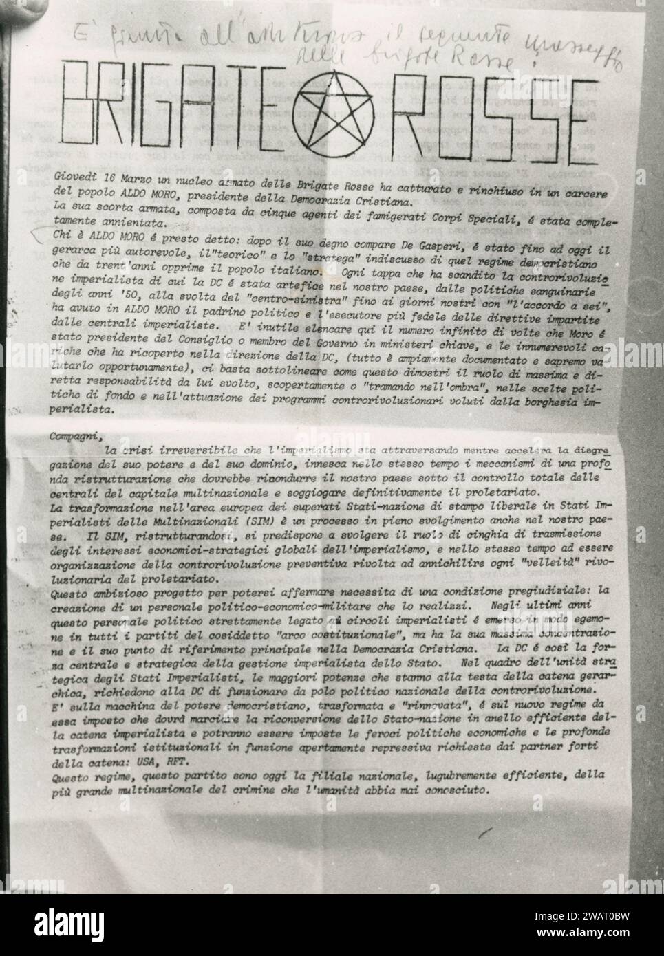 Flyer on Aldo Moro kidnapping from the Italian terrorist organization Red Brigades, Italy 1978 Stock Photo