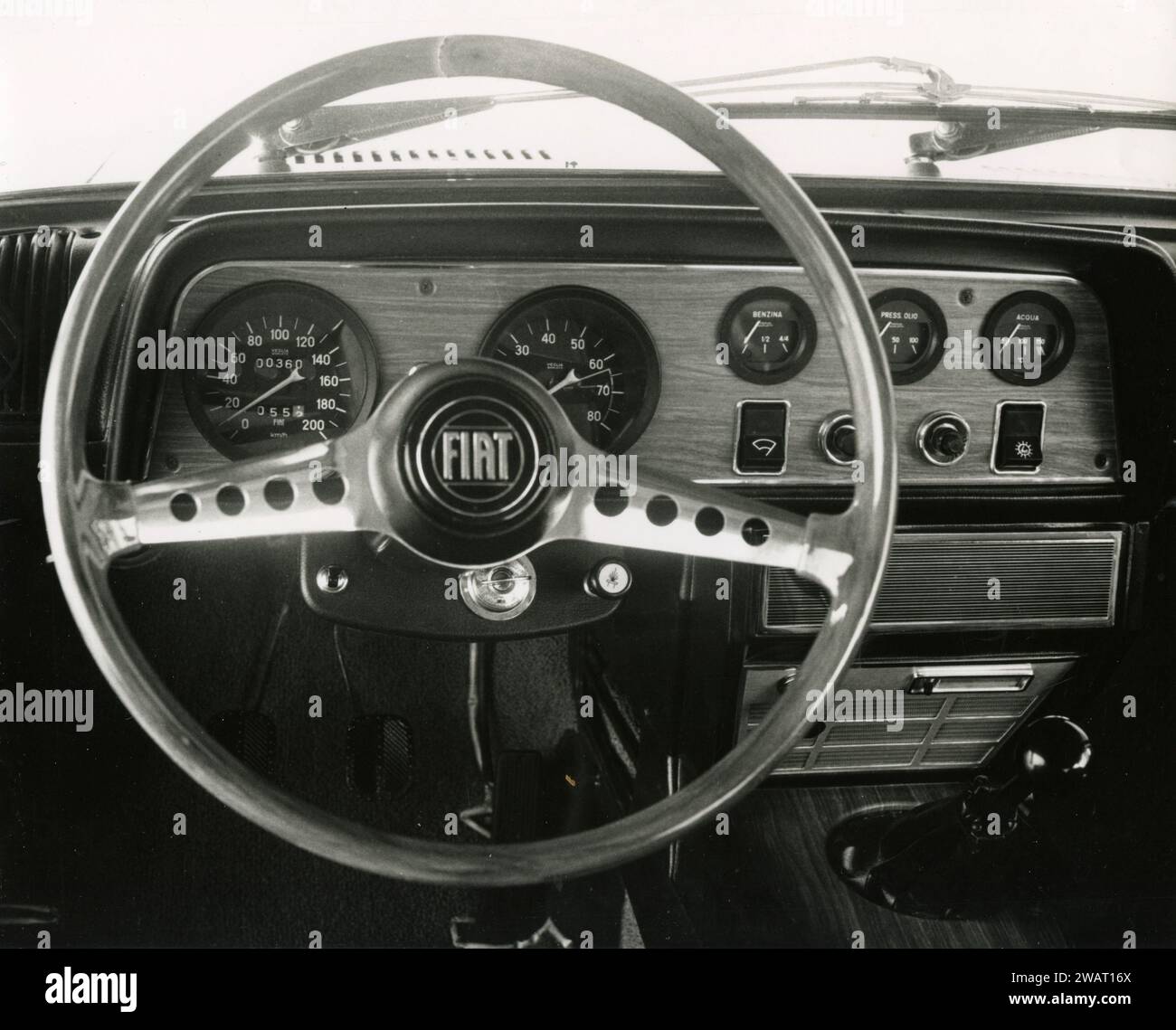 View of the dashboard of the FIAT 124 Sport Coupé car, Italy 1970s Stock Photo