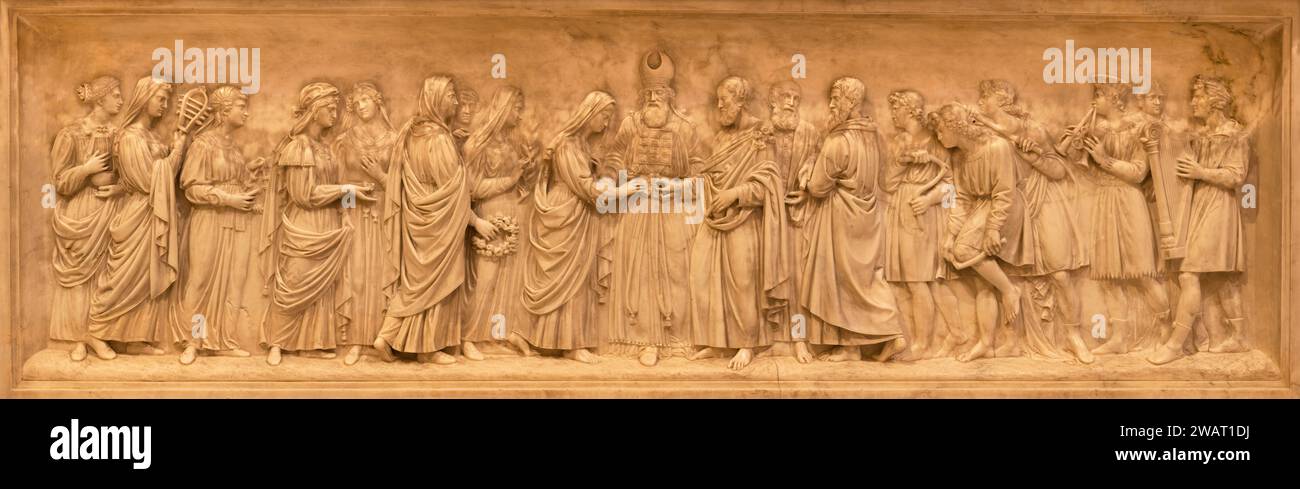 VICENZA, ITALY - NOVEMBER 7, 2023: The marble relief of Wedding of Virgin Mary and St. Joseph  on the menza in the church Chiesa di Santo Stefano Stock Photo