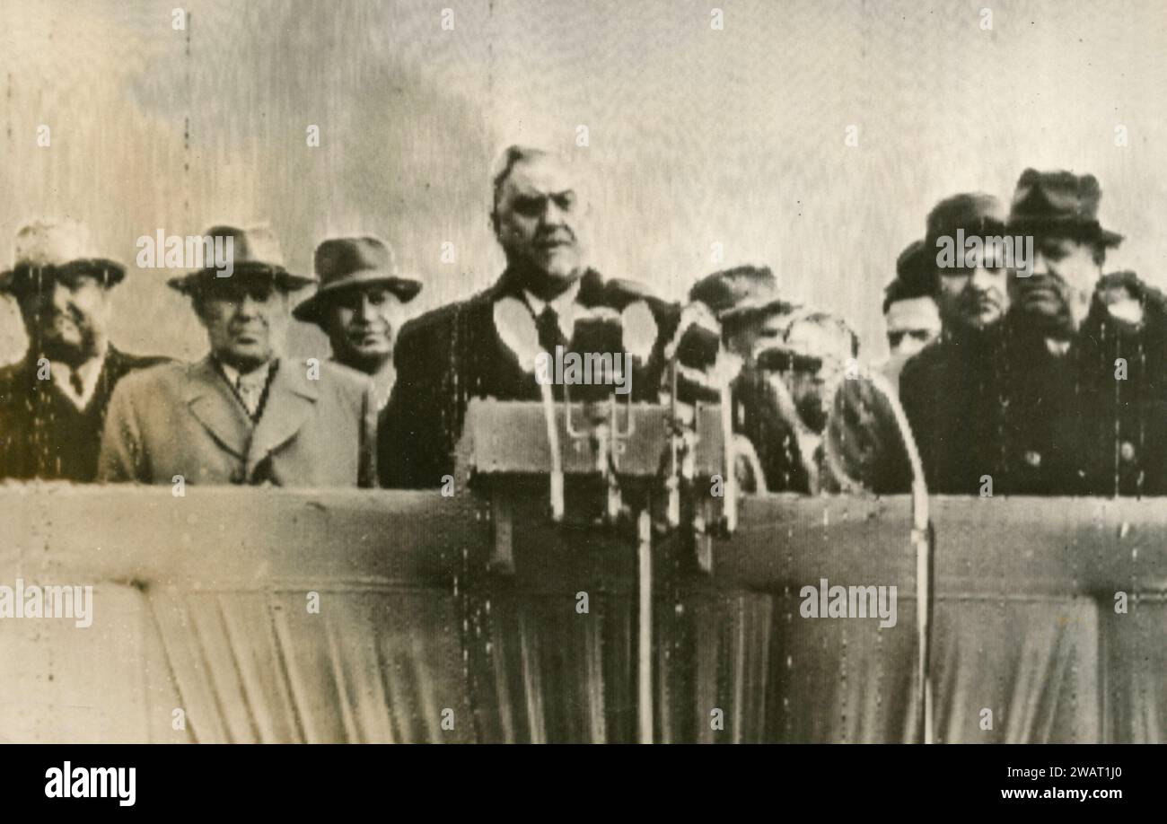 Russian Marshal Nikolai Bulganin and Nikita Krushchev at a conference, 1950s Stock Photo