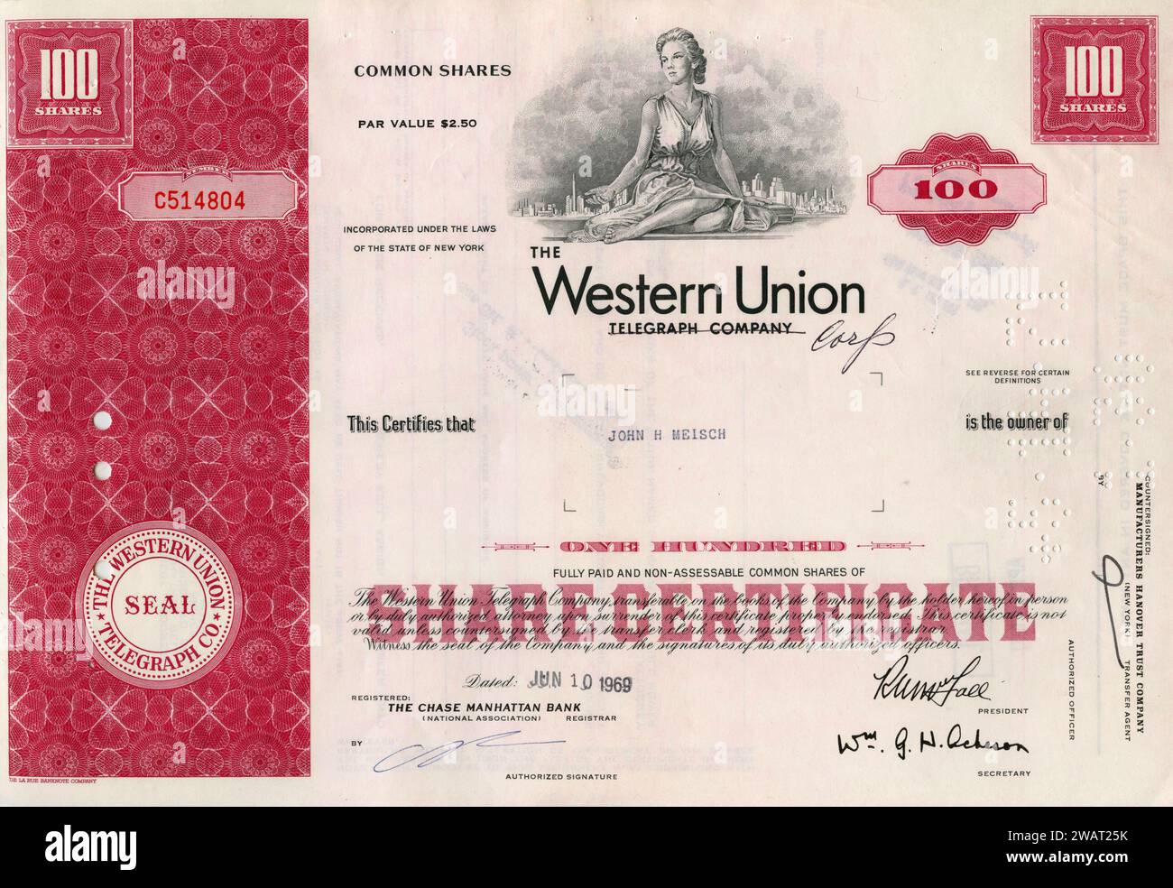 Old stock certificate of The Wester Union Telegraph Company, USA 1969 ...