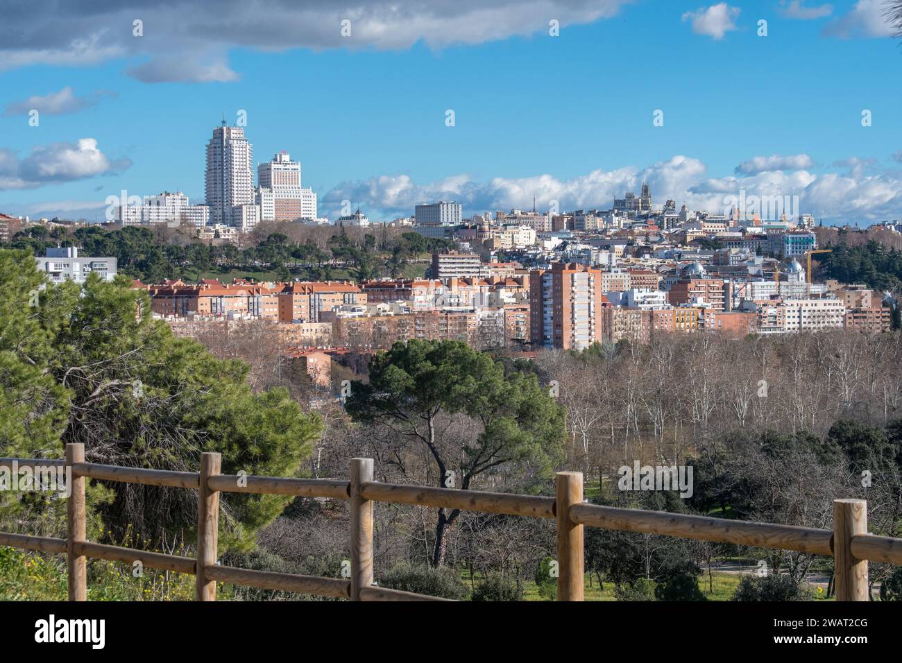 Panoramic view of Madrid Skyline from Casa del Campo park Stock Photo