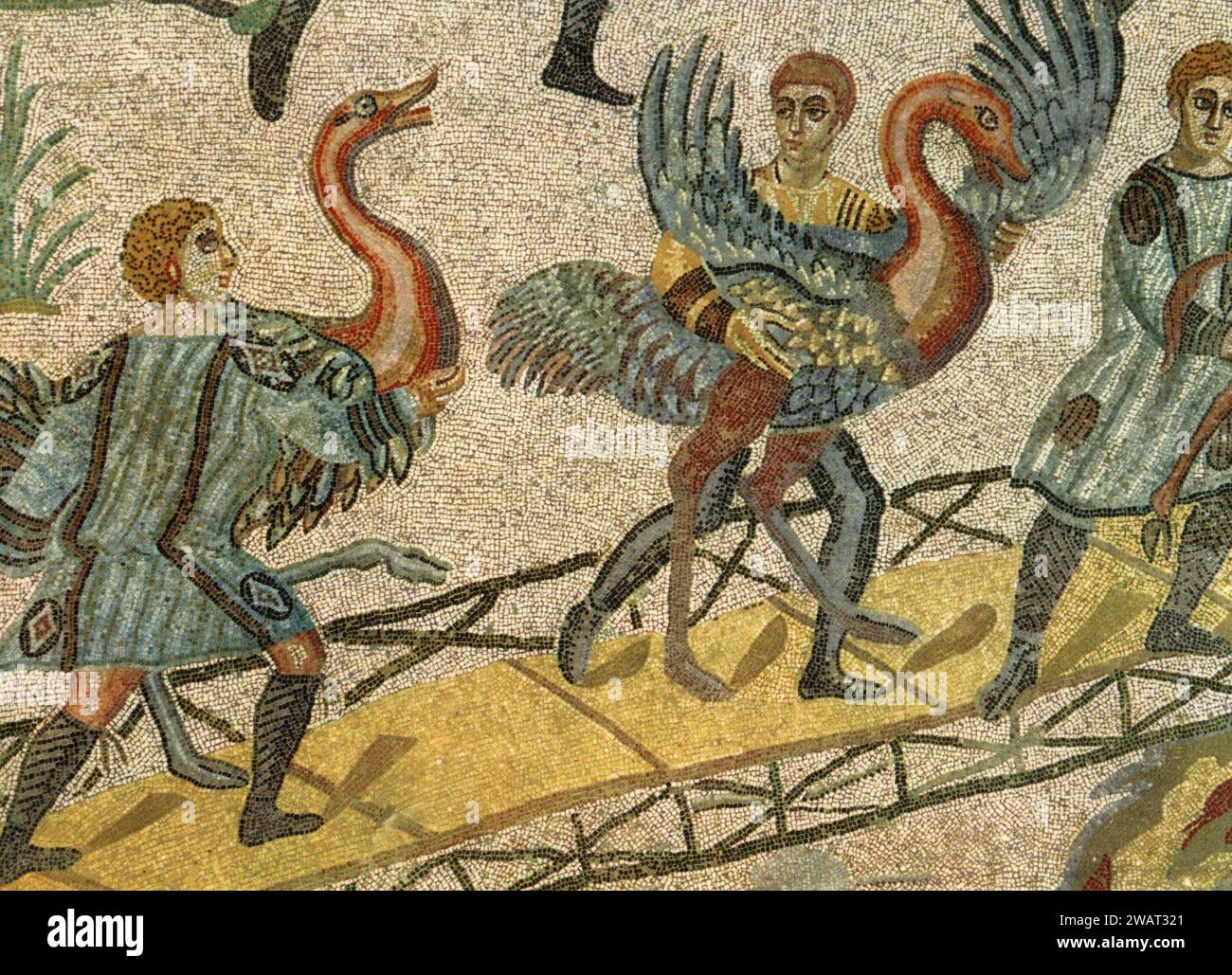 Ancient mosaics: The boarding of the ostriches, Roman Villa del Casale, Piazza Armerina, Sicily, Italy 1960s Stock Photo