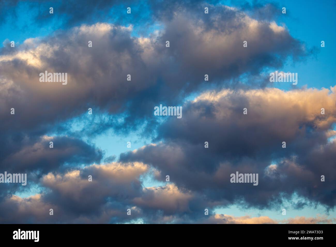 Stratocumulus clouds with a blue sky on a November morning, horizontal Stock Photo