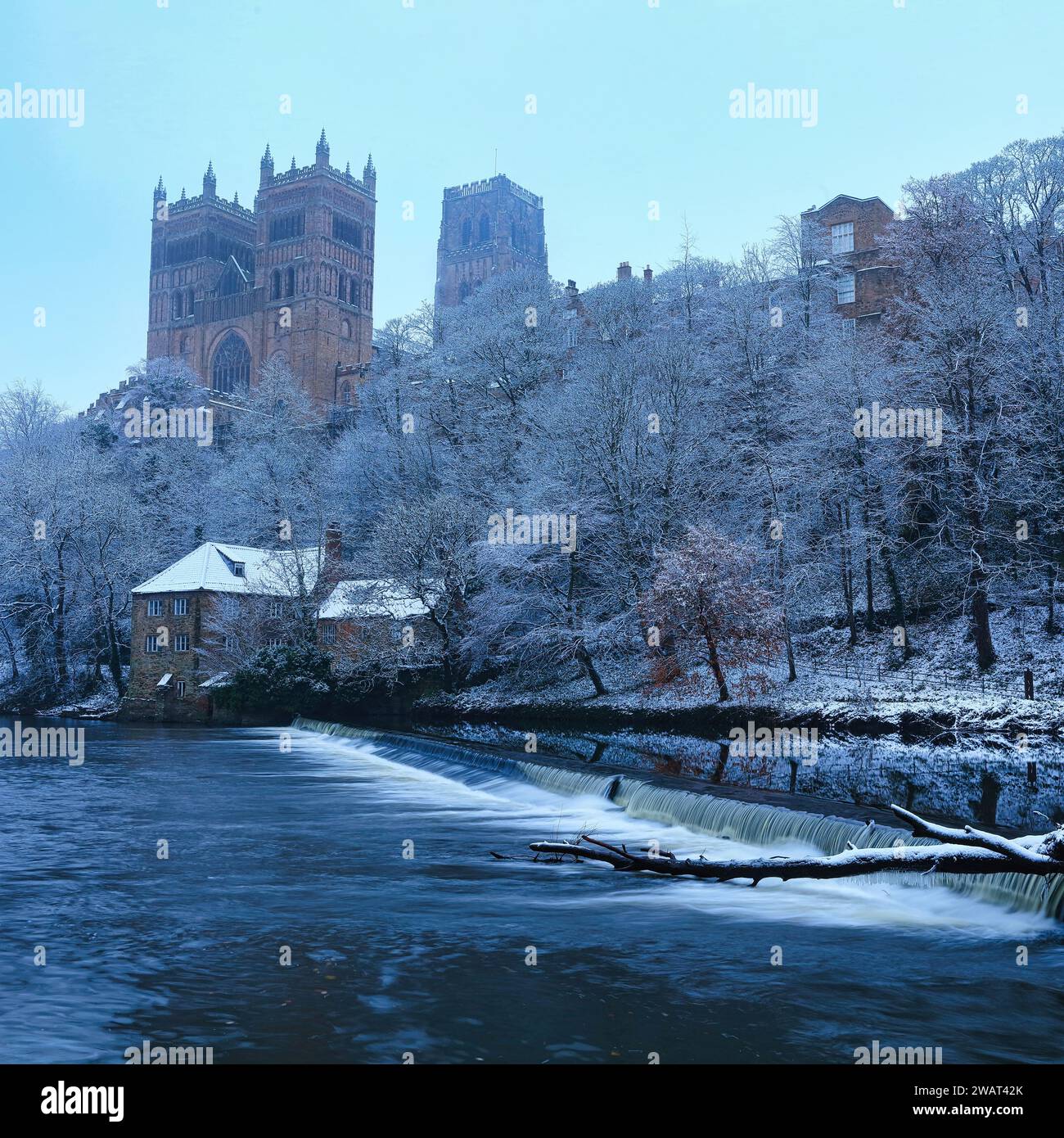 Durham Cathedral reflected in a still river with snow Stock Photo - Alamy