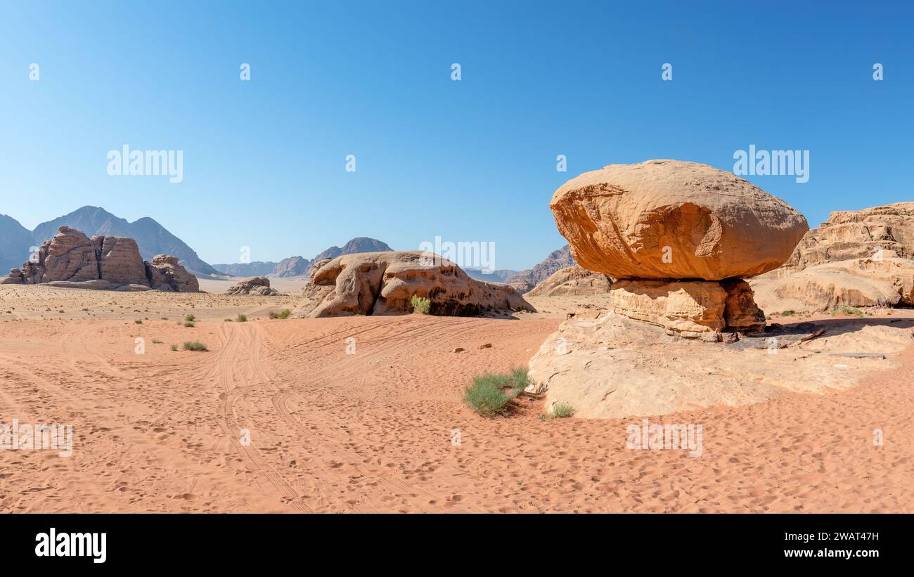 A rock formation in Wadi Rum, Jordan known as Mushroom Rock. Stock Photo