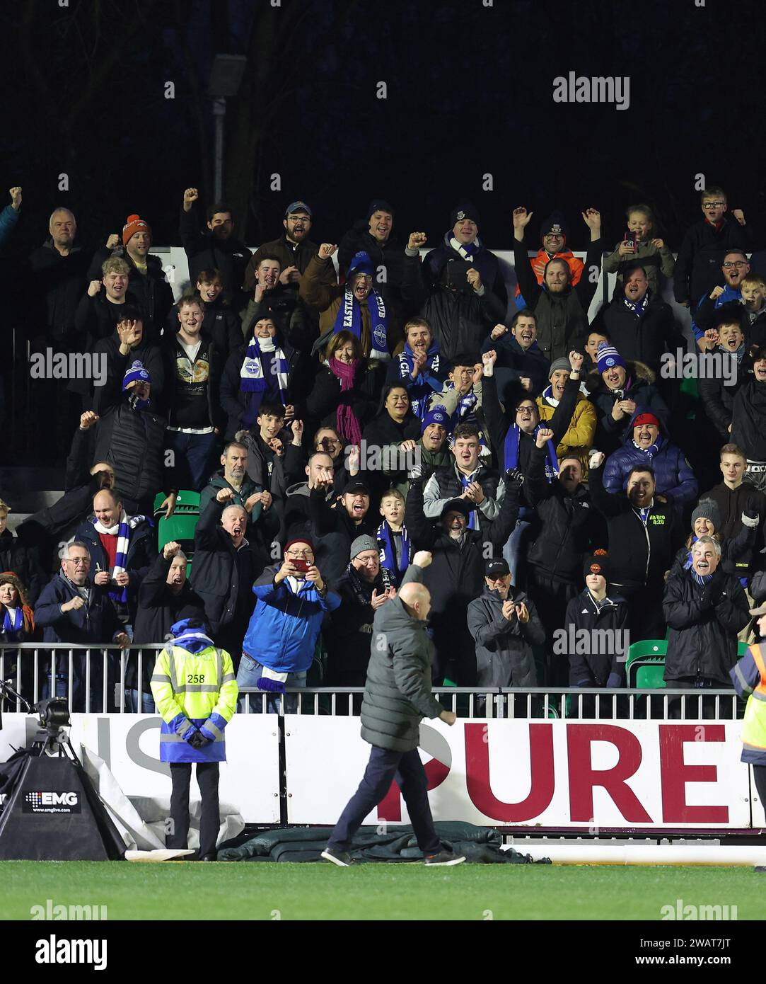 Newport, UK. 06th Jan, 2025. Eastleigh FC fans celebrate their draw