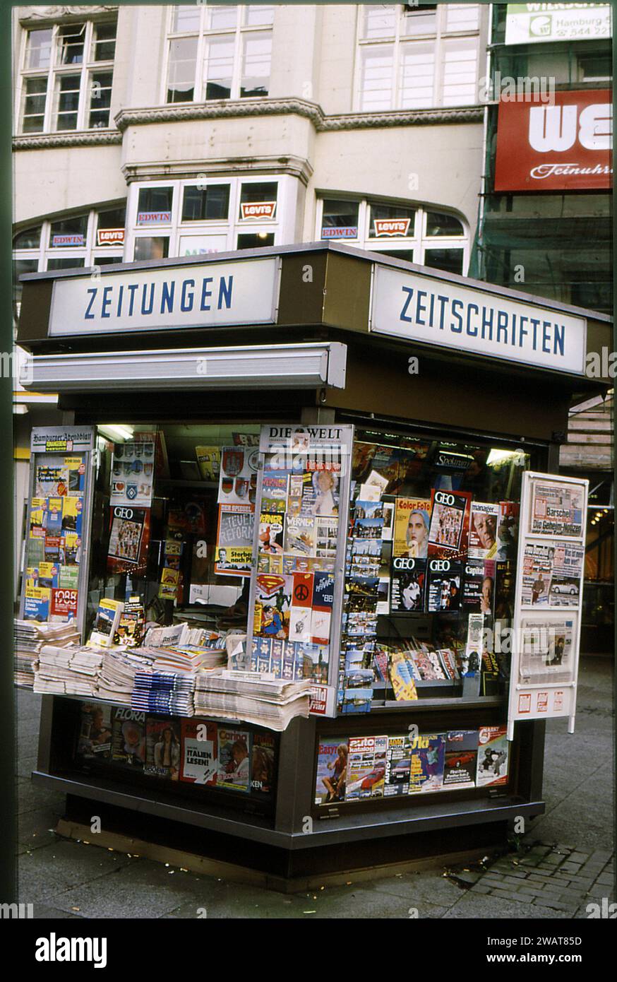 Hamburg/Germany /Historical file images) German news apers and magazine and and otehr thing stand in pedestrain street in german town.   (Photo.Francis Joseph Dean/Dean Pictures) Stock Photo