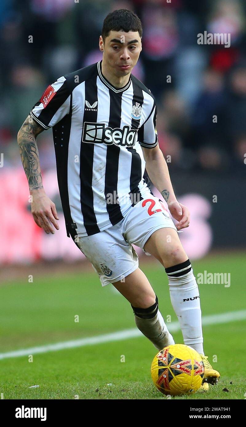 Sunderland on Saturday 6th January 2024. Newcastle United's Miguel Almirón during the FA Cup Third Round match between Sunderland and Newcastle United at the Stadium Of Light, Sunderland on Saturday 6th January 2024. (Photo: Michael Driver | MI News) Credit: MI News & Sport /Alamy Live News Stock Photo