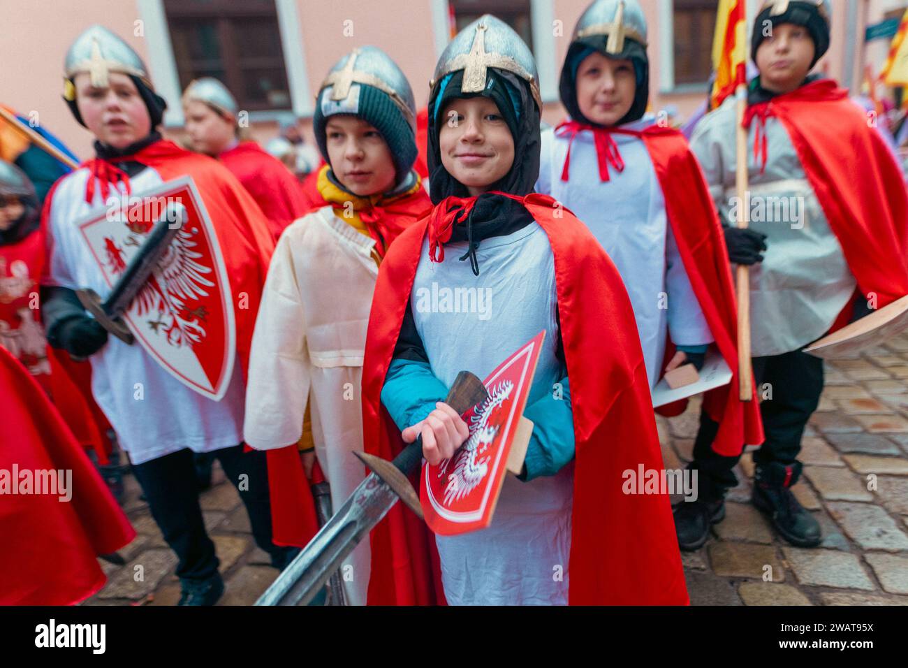Wroclaw, Poland. 6th Jan, 2024. Happy young Polish boys in full knight