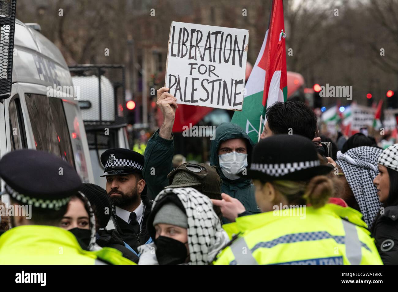 London UK 6 January 2024 Activists From The Free Palestine   London Uk 6 January 2024 Activists From The Free Palestine Coalition Which Includes Sisters Uncut And Black Lives Matter March From St Jamess Park To A Sit Down Protest At Westminster Bridge Demanding An Immediate Ceasefire An End To Uk Arms Sales To Israel And An End To Israeli Occupation Of Palestine Credit Ron Fassbenderalamy Live News 2WAT9RC 