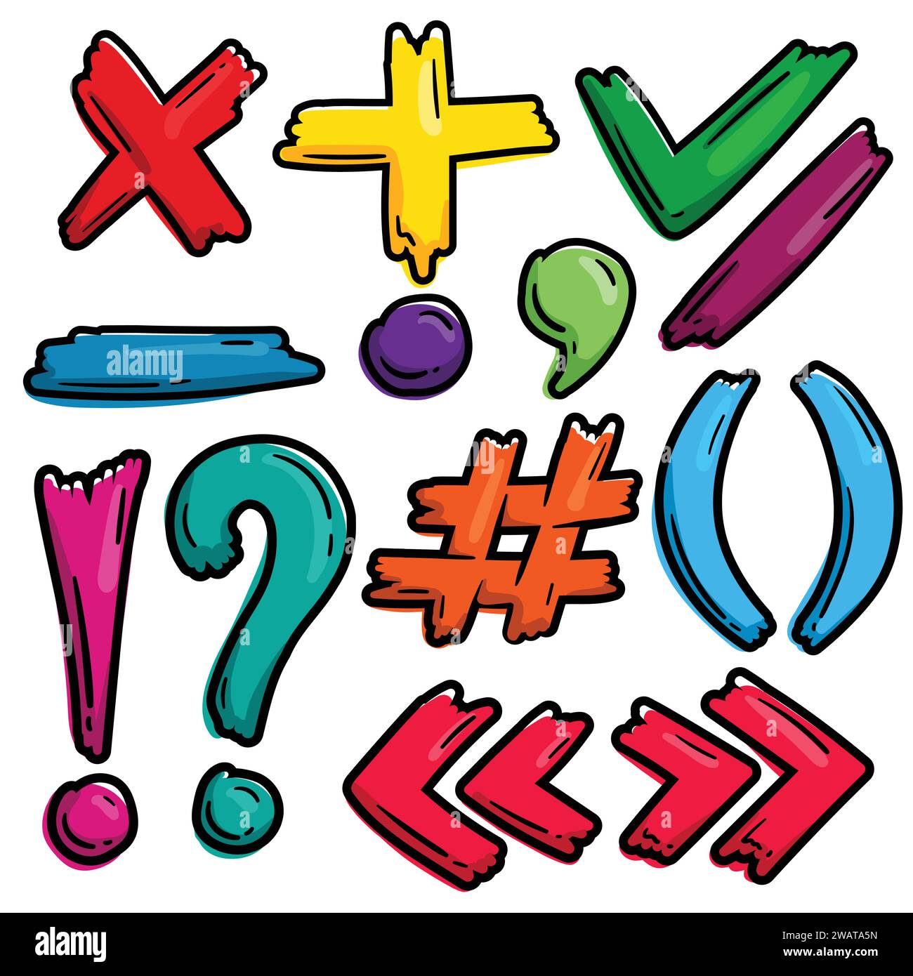 Set of bright cartoon punctuation marks and symbols, doodle, hand drawn, scribbles Stock Vector