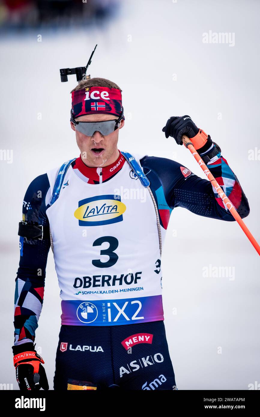 Winner Endre Stroemsheim of Norway celebrates at the finish of the Biathlon World Cup men's pursuit race, Oberhof, Germany, January 6, 2024. (CTK Phot Stock Photo