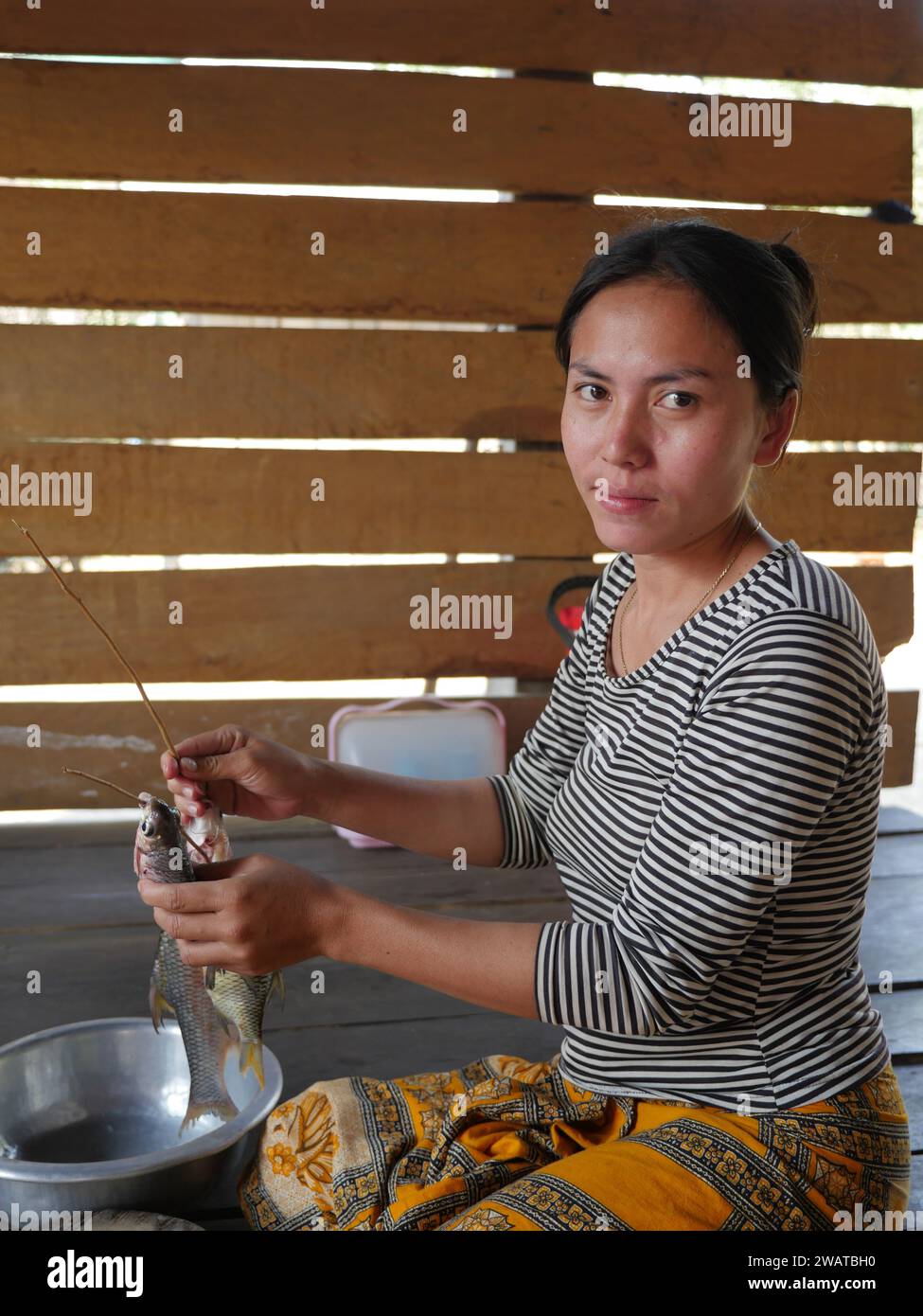 CAMBODIA   Stung Treng, village life. Woman preparing fish to eat. Stock Photo