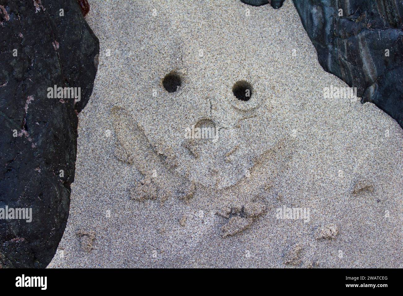 Sandy smile drawn in the sand at Kennack Sands, Lizard Peninsula, Cornwall Stock Photo