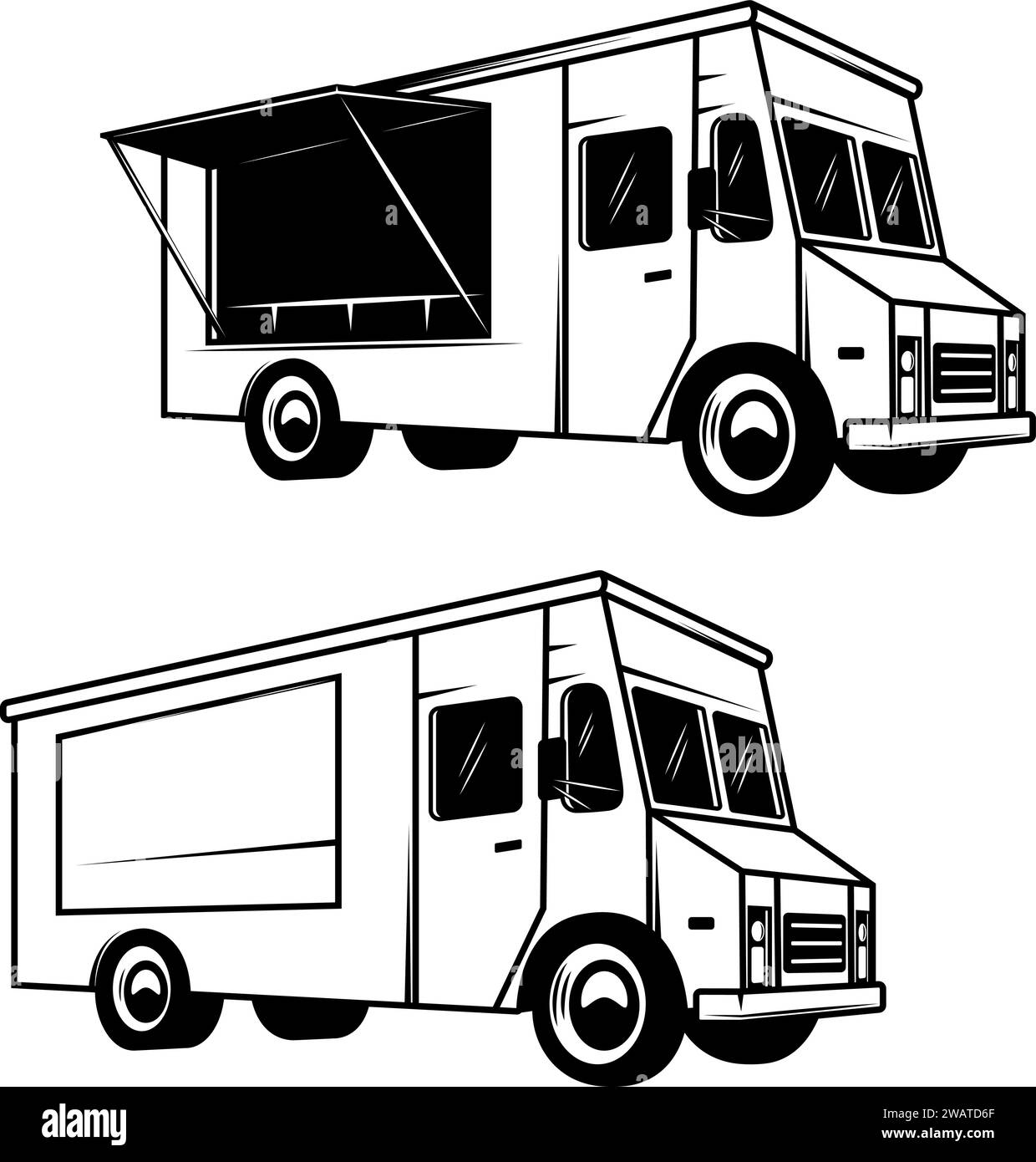 Illustration of an food truck. Design element for emblem, sign, badge. Vector illustration Stock Vector