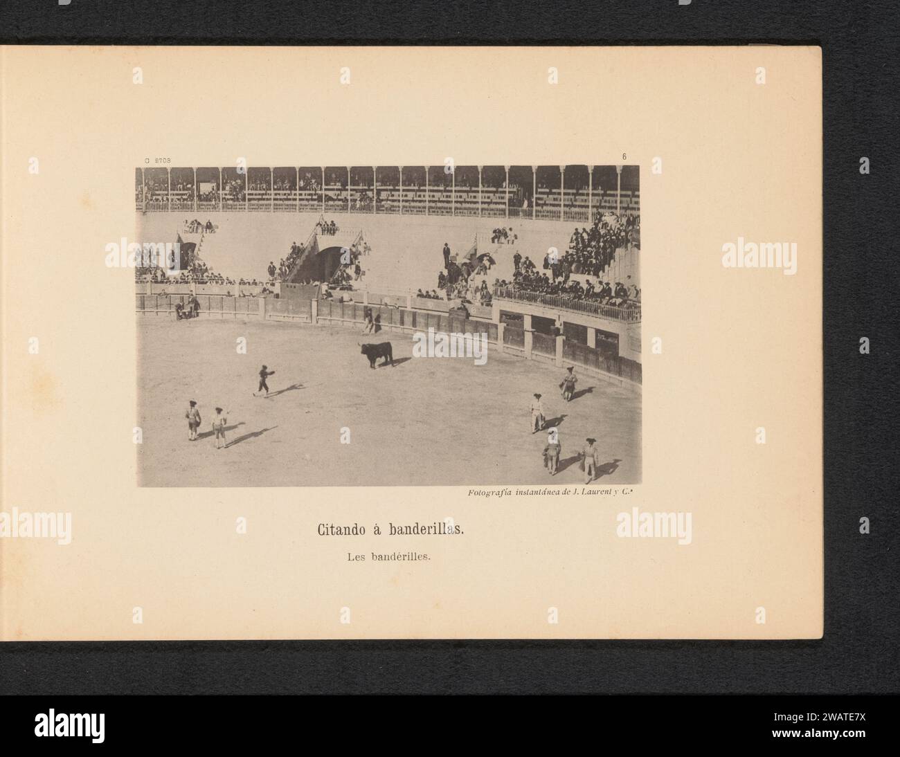 Banderilleros in a fight with a bull in the bullfighter arena of Carretera de Aragon in Madrid, Juan Laurent, c. 1880 - c. 1890 photomechanical print  Madrid paper collotype bullfight. theatre (building) - AA - open-air performances. bull-fighter, toreador Stock Photo