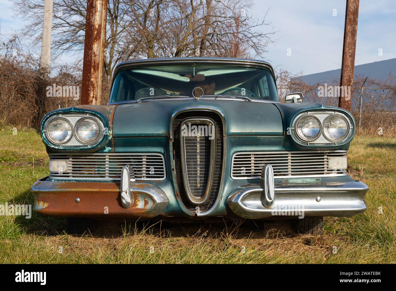 Rusted classic car on historic Route 66 in Chenoa, Illinois, USA. Stock Photo