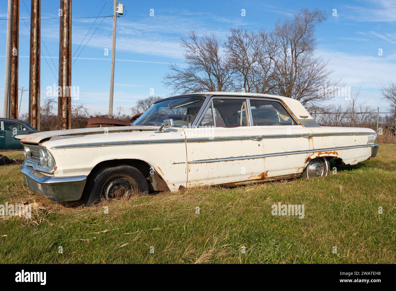 Rusted classic car on historic Route 66 in Chenoa, Illinois, USA. Stock Photo