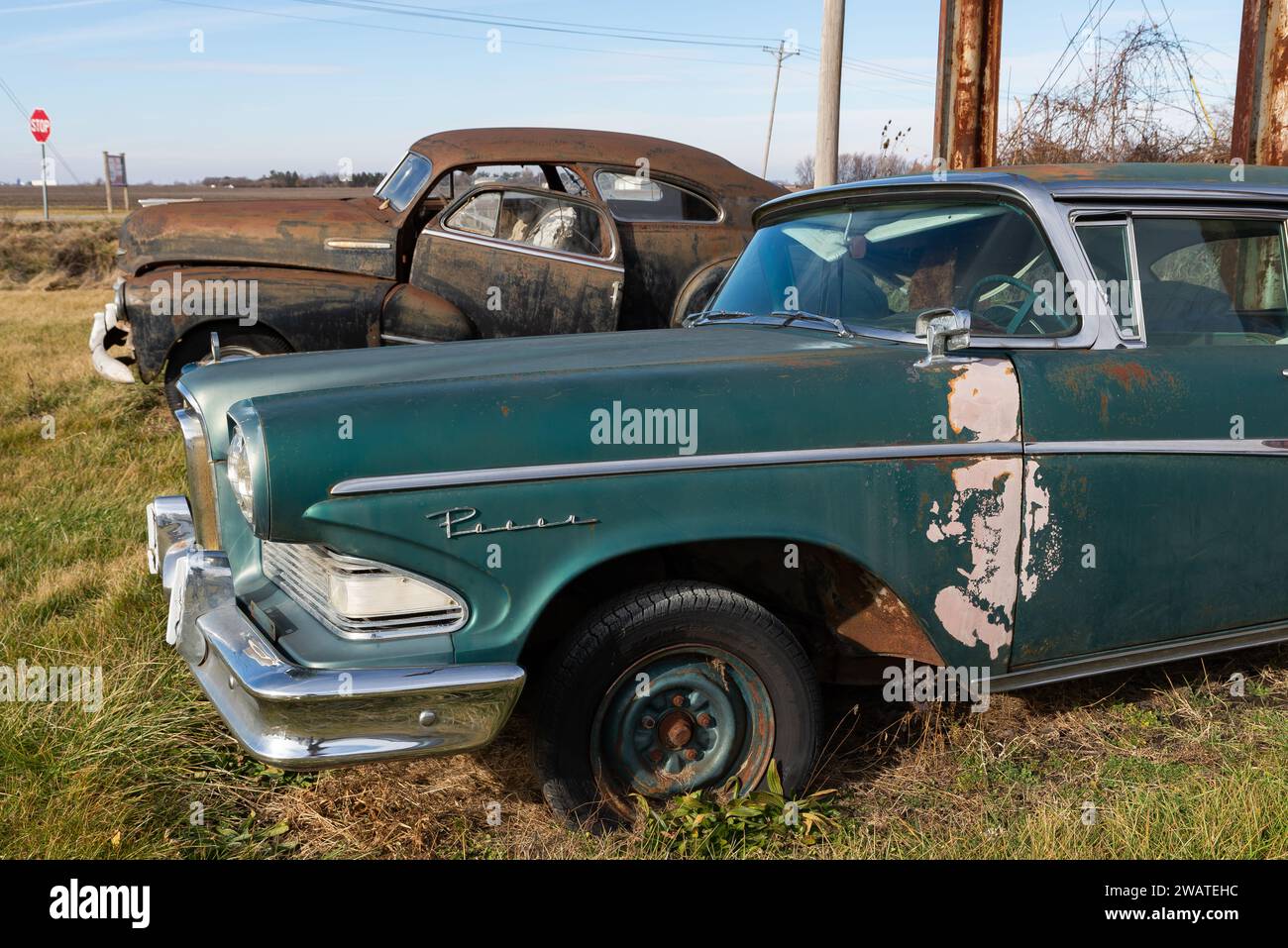 Rusted classic car on historic Route 66 in Chenoa, Illinois, USA Stock