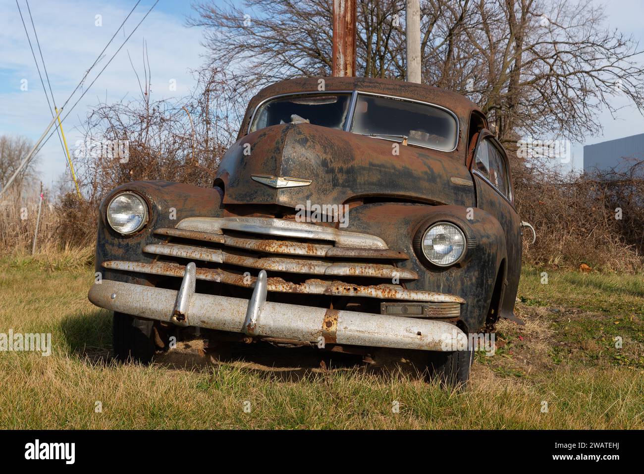 Rusted classic car on historic Route 66 in Chenoa, Illinois, USA Stock